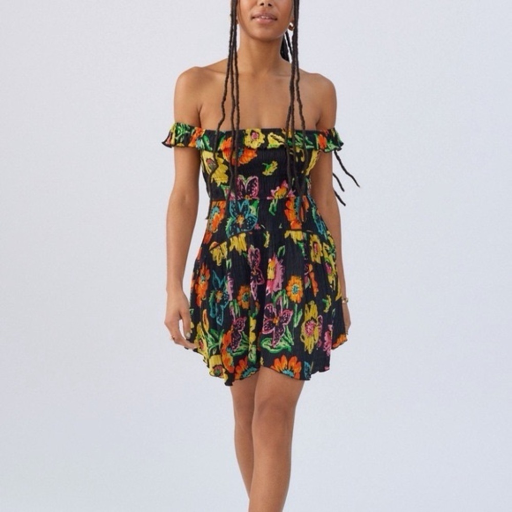 URBAN OUTFITTERS Dress AUBREY OFF SHOULDER Mini Floral Black Ruffled Size XL